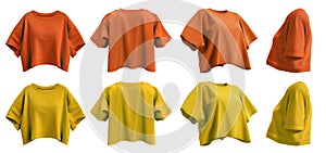 2 Set of yellow orange mustard woman loose cropped midriff tee round neck front, back side view on transparent, PNG