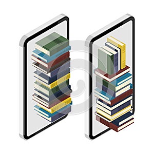 2 sets of isometric smartphone cellphone with stack of books i