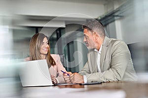 2 smiling executives using laptop discussing work at office meeting.