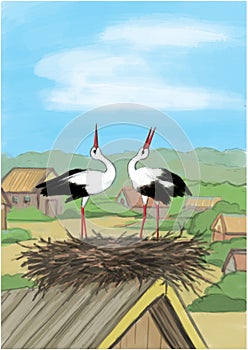 2 storks in nest on the house, illustration