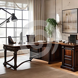 2 A traditional-style office with a mix of wooden and leather finishes, a classic wooden desk, and a mix of open and closed stor
