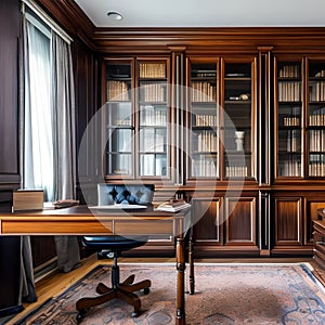 2 A traditional-style office with a mix of wooden and leather finishes, a classic wooden desk, and a mix of open and closed stor