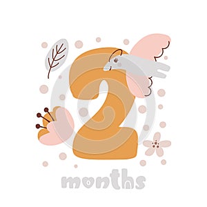 2 two months Baby month anniversary card metrics. Baby shower print with cute animal dino and flowers capturing all