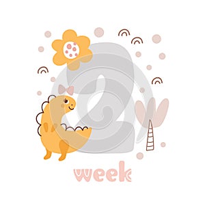 2 two week Baby girl anniversary card newborn metrics. Baby shower print with cute animal dino, flowers and palm