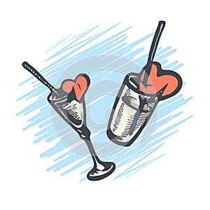 2 Vector hand drawn glasses with cocktail straw and a broken heart.