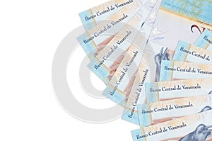 2 Venezuelian bolivar bills lies isolated on white background with copy space. Rich life conceptual background