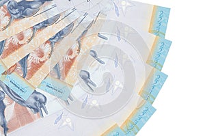 2 Venezuelian bolivar bills lies isolated on white background with copy space stacked in fan shape close up