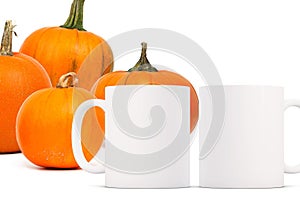 2 white blank coffee mugs Autumnal theme mock up.