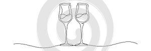 2 wine glasses cheers shape drawing by continuos line, thin line design vector illustration