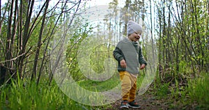 A 2-year-old Caucasian boy walks in slow motion along forest paths in a pine forest. Walks in the Park. Adventures of a