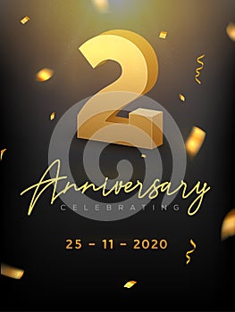 2 Years Anniversary Celebration event. Golden Vector birthday or wedding party congratulation anniversary two