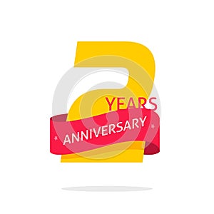 2 years anniversary logo template isolated on white, number 2 anniversary icon label with red ribbon, two year birthday