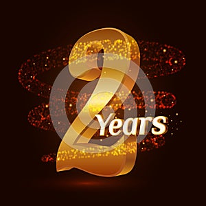 2 years golden anniversary 3d logo celebration with Gold glittering spiral star dust trail sparkling particles. Two years annivers