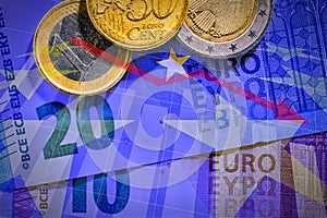 20 and 10 Euro notes and coins with diagram