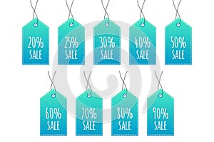 20 25 30 40 50 60 70 80 90 percent shopping tag set. Vector isolated icon. Sign for label, discount, sale, business