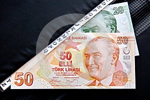 20 and 50 TL Turkish Liras in a addres bank