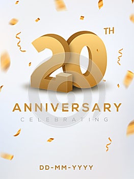 20 Anniversary gold numbers with golden confetti. Celebration 20th anniversary event party template