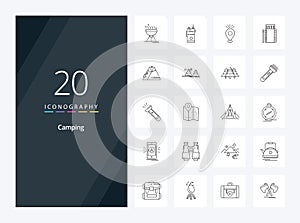 20 Camping Outline icon for presentation. Vector Line icons illustration