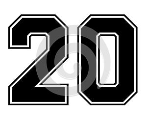 20 Classic Vintage Sport Jersey Number in black number on white background for american football, baseball or basketball