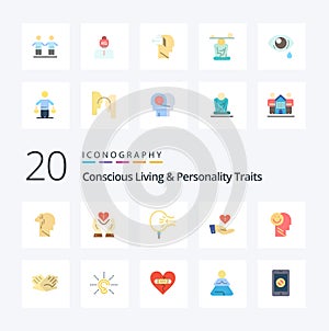 20 Concious Living And Personality Traits Flat Color icon Pack. like giving. charity. heart. stress. blow