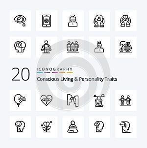 20 Concious Living And Personality Traits Line icon Pack like mind concentration heart balance mind