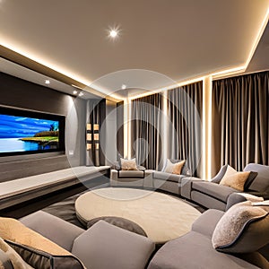 20 A contemporary home theater with plush seating, blackout curtains, and a large screen4, Generative AI