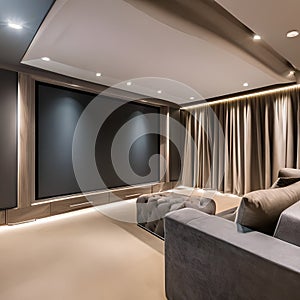 20 A contemporary home theater with plush seating, blackout curtains, and a large screen5, Generative AI