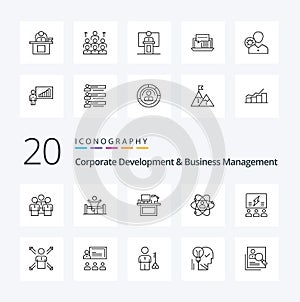 20 Corporate Development And Business Management Line icon Pack like monitor desk business computer man