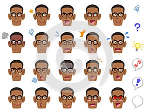 20 different facial expressions of a black man wearing eyeglasses