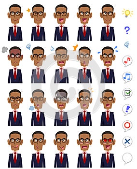 20 different facial expressions and upper body of black men wearing glasses