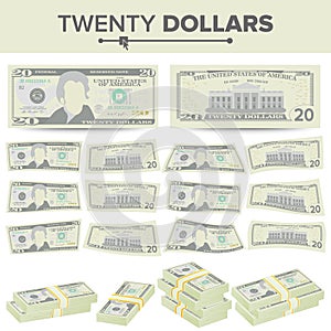 20 Dollars Banknote Vector. Cartoon US Currency. Two Sides Of Twenty American Money Bill Isolated Illustration. Cash