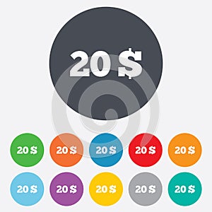 20 Dollars sign icon. USD currency symbol.