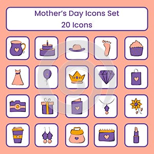 20 Doodle Style Mother`s Day Icon Set On White And Peach Square