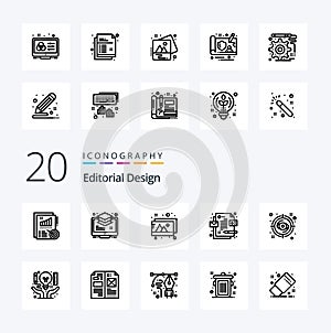 20 Editorial Design Line icon Pack. like look. eye. monitor. id. corporate