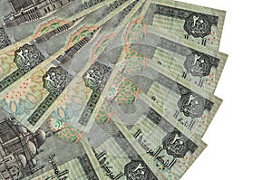 20 Egyptian pounds bills lies isolated on white background with copy space stacked in fan shape close up