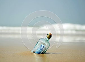 20 euro banknote in a bottle found on the shore of the beach