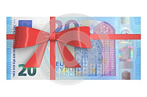 20 Euro banknotes with red bow, gift concept. 3D renderin