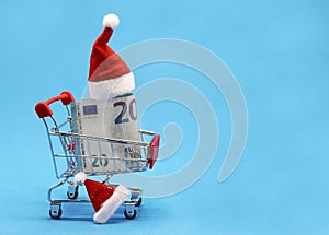 A 20-Euro bill and a Santa Claus hat are in a stylized shopping basket. Preparing for the winter holidays. The concept of seasonal