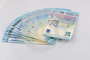 20 euro bills euro banknotes money. European Union Currency.  Isolated background