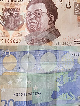 20 euro note and 500 pesos of Mexico, background and texture