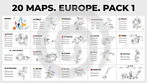 20 Europe vector map infographics template. Included United Kingdom, Germany, France, Italy, Spain etc. All countries