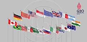 20 flags. G20 Bali summit is the upcoming seventeenth meeting of Group of Twenty, Bali, Indonesia in 2022. Grey background. 3d