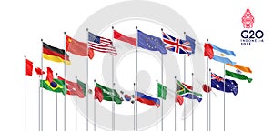 20 flags. G20 Bali summit is the upcoming seventeenth meeting of Group of Twenty, Bali, Indonesia in 2022. White background. 3d