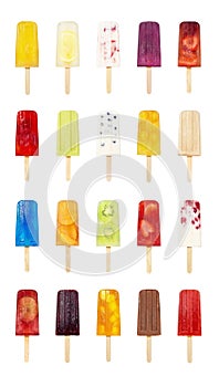 20 Flavors of Popsicles or Ice Lollies on White