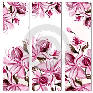 20)	Floral vertical brochures set with magnolia flowers painted in watercolor style by spots
