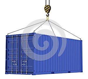 20-Foot Blue Shipping Container Hanging on a Crane Hook