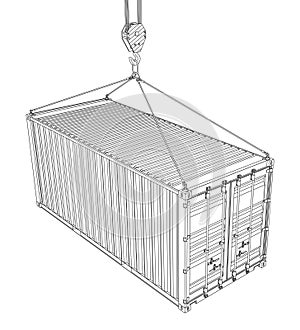 20-Foot Shipping Container Hanging on a Crane Hook. Vector Illustration in Outline Style