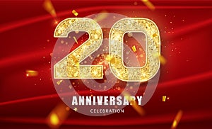 20 Golden glitter numbers and Anniversary Celebration text with golden confetti on red background. Twentieth anniversary