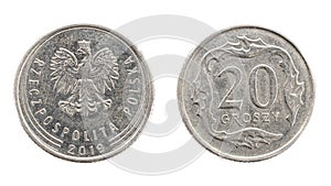 20 groszy coin on white isolated background