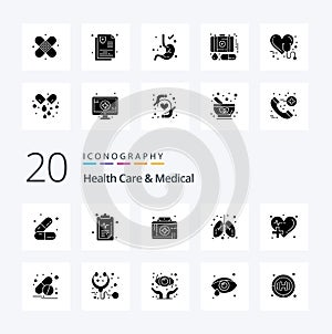 20 Health Care And Medical Solid Glyph icon Pack like health medical first aid kit lungs care